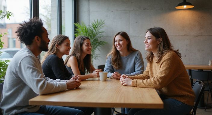 Junge Erwachsene diskutieren entspannt über Online-Dating in einem Café. Junge Erwachsene diskutieren entspannt über Online-Dating in einem Café.