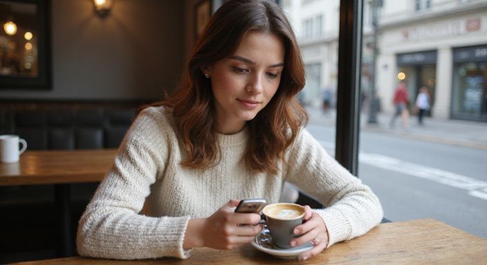 Eine Frau in einem Café scrollt entspannt durch die Tinder-App. Eine Frau in einem Café scrollt entspannt durch die Tinder-App.