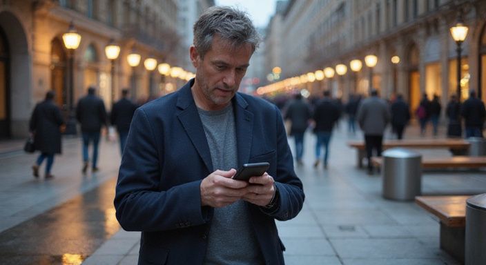 Eine Person prüft konzentriert Nachrichten auf ihrem Smartphone in der Stadt.