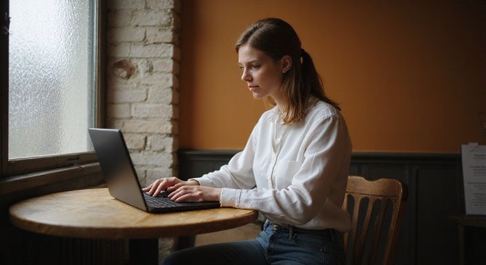 Eine konzentrierte Frau arbeitet allein in einem gemütlichen Café und suche erotische kontakte und sex-dating in Bern.