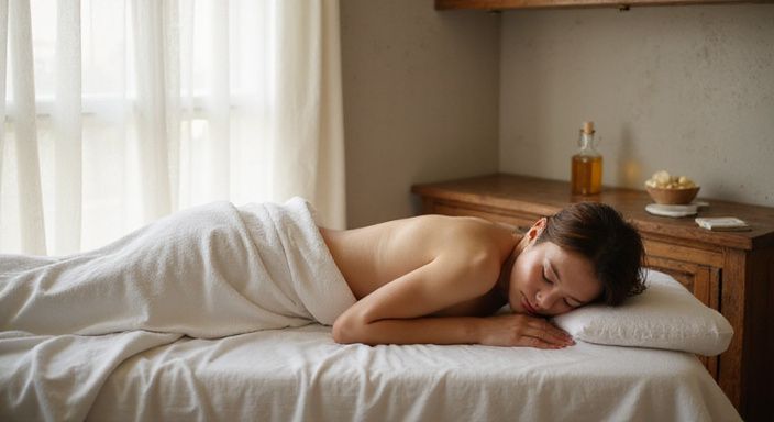 Eine entspannte Person liegt auf einem Massagetisch in einem ruhigen Raum.