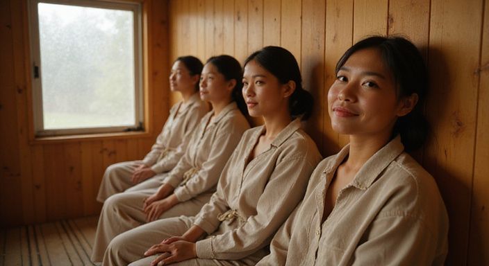 Einladende Sauna mit warmen Holzwänden und entspannten Frauen.