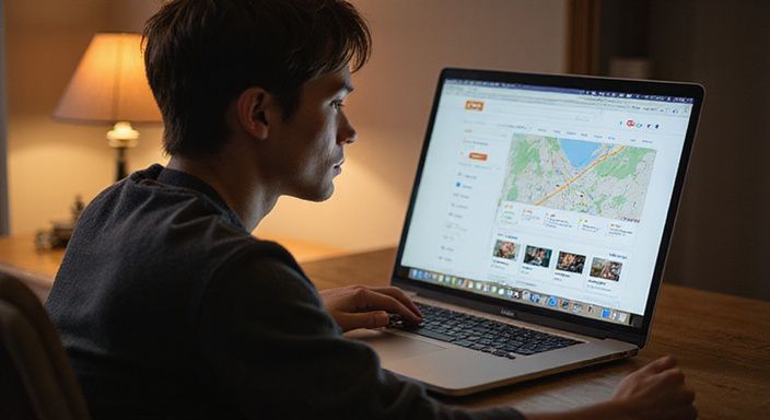 Eine konzentrierte Person arbeitet an einem Laptop an einem Schreibtisch und suche erotische kontakte und sex-dating in Bern.
