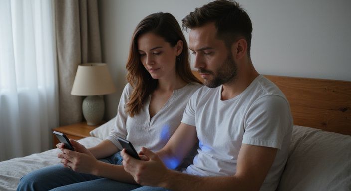 Ein Paar sitzt entspannt auf einem Bett und nutzt ihre Smartphones und wollen erotische kontakte und sex-dating in Bern.