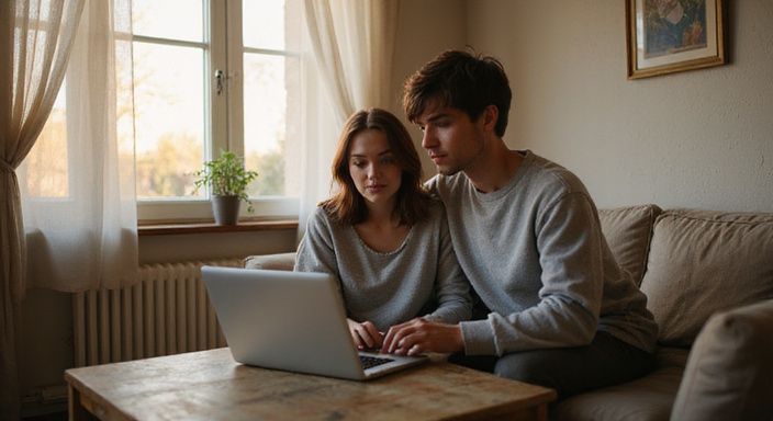Ein junges Paar sitzt auf einem Sofa und betrachtet einen Laptop.