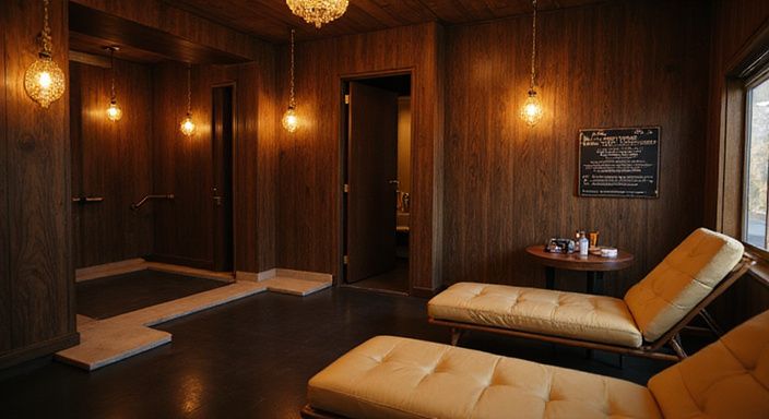 Ein eleganter Bereich eines Sexclubs mit privaten Kabinen und Entspannungsraum.