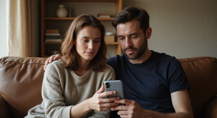 Ein Paar sitzt entspannt auf einem Sofa und betrachtet ein Smartphone.