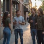Eine Gruppe junger Erwachsener genießt ein entspanntes Treffen auf dem Bürgersteig