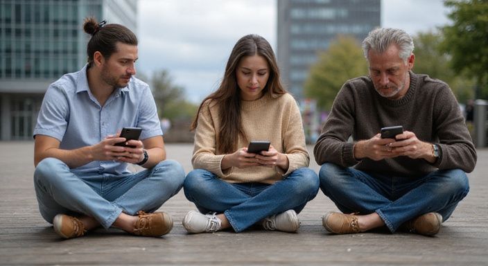 Eine Gruppe Erwachsener interagiert digital auf einer Holzplattform.