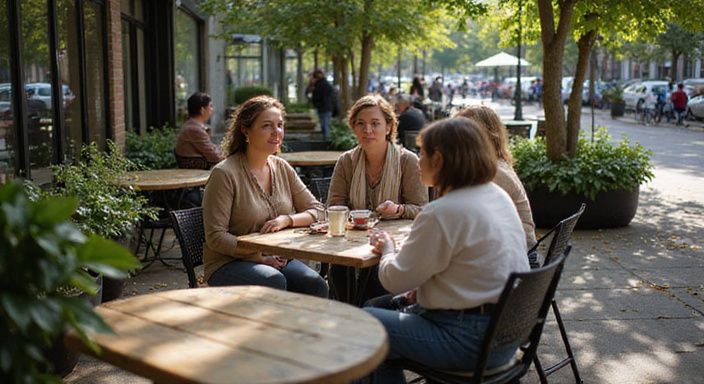 Eine Gruppe von Frauen genießt ein entspanntes Gespräch in einem Café.