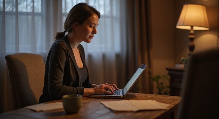 Eine Frau in ihren 40ern nutzt entspannt ihren Laptop und suche Sexdates mit reifen Frauen.