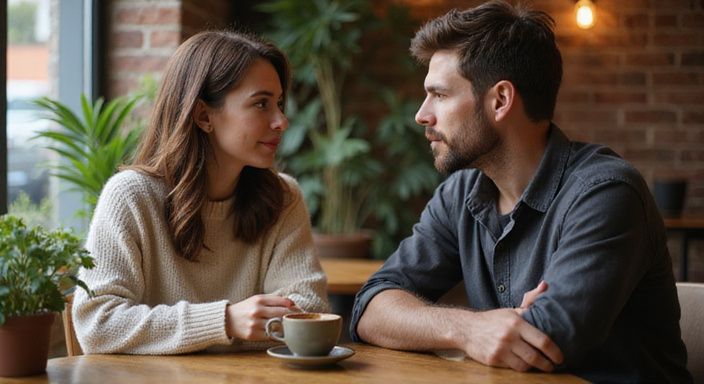Ein Paar sitzt in einem Café und führt ein angeregtes Gespräch über Sexdates mit reifen Frauen.