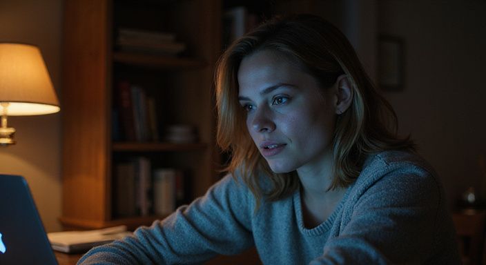 Eine Frau in einem gemütlichen Raum arbeitet konzentriert am Laptop und wollen Sexdates mit reifen Frauen.