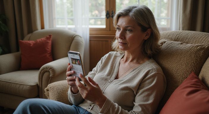 Eine Frau in den Fünfzigern nutzt eine Dating-App auf ihrem Smartphone.