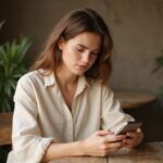 Eine junge Frau sitzt am Tisch und tippt konzentriert auf ihr Smartphone