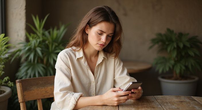Eine junge Frau sitzt am Tisch und tippt konzentriert auf ihr Smartphone.