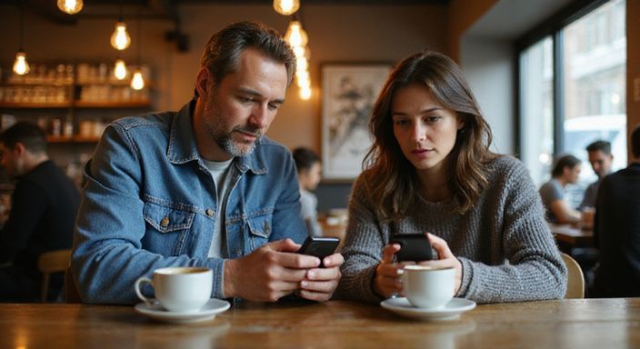 Ein Paar sitzt in einem Café und blickt auf ihre Smartphones und suche Sexdates mit reifen Frauen.