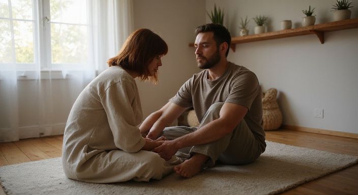 Ein Paar genießt eine intime, entspannende Massage auf einem Teppich. Ein Paar genießt eine intime, entspannende Massage auf einem Teppich.