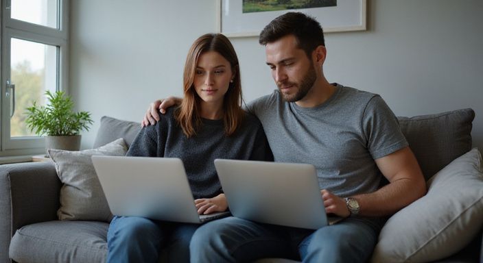 Ein Paar arbeitet konzentriert an Laptops auf einem Sofa. Ein Paar arbeitet konzentriert an Laptops auf einem Sofa.