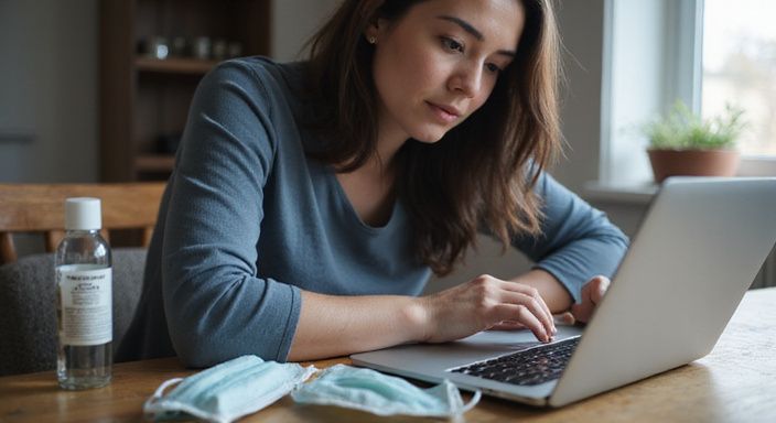 Eine Frau prüft sorgfältig Sicherheitshinweise am Laptop am Tisch. Eine Frau prüft sorgfältig Sicherheitshinweise am Laptop am Tisch.