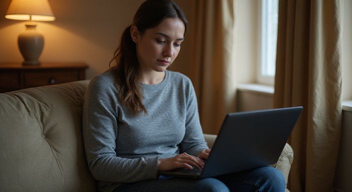 Frau sitzt auf Sofa und schaut konzentriert auf ihren Laptop. Frau sitzt auf Sofa und schaut konzentriert auf ihren Laptop.