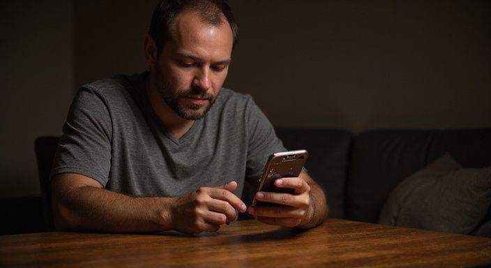Ein Mann scrollt konzentriert durch eine Dating-App auf seinem Smartphone. Ein Mann scrollt konzentriert durch eine Dating-App für sexkontakt in Aargau auf seinem Smartphone.