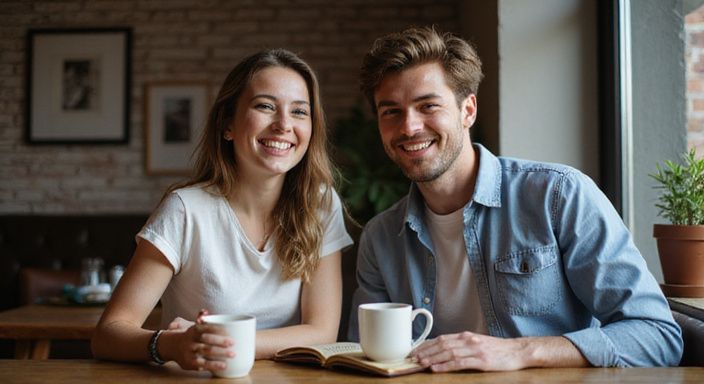 Ein Paar sitzt entspannt in einem Café und lacht miteinander. Ein Paar sitzt entspannt in einem Café und lacht miteinander.