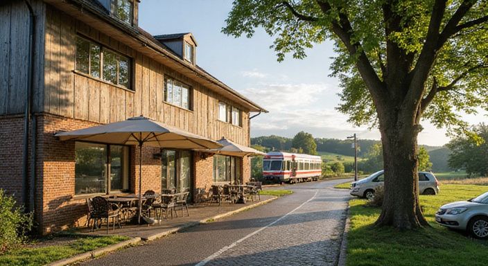 Ruhige ländliche Landschaft mit modernem Wohnhaus und einladendem Café.