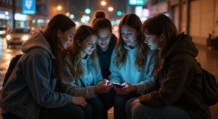 Eine diverse Gruppe von sechs Personen teilt Informationen über ein Smartphone.
