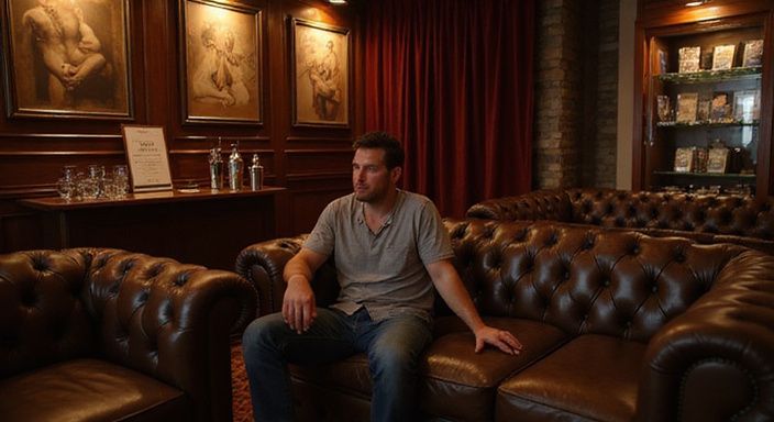 Ein stilvoller Clubraum mit gemütlichen Sofas und Kunstwerken.