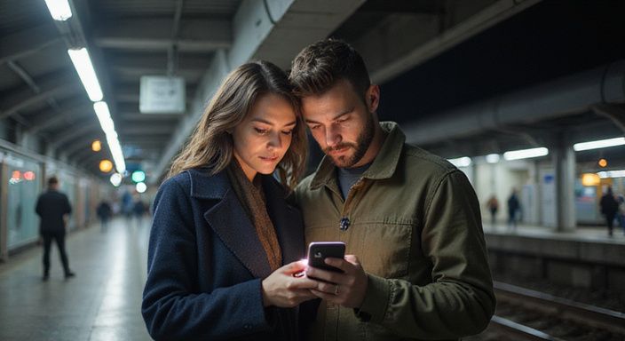 Ein Paar betrachtet konzentriert den Bildschirm eines Smartphones am Bahnhof und wollen sexkontakt in Basel.