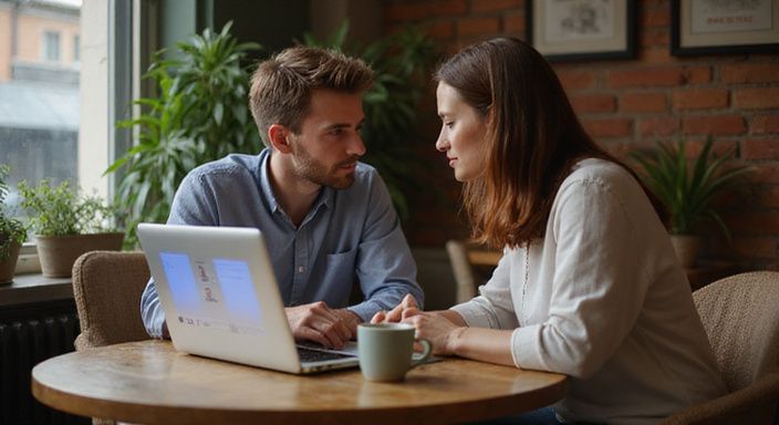 Ein Paar diskutiert konzentriert über Verifikationsprozesse in einem Café.