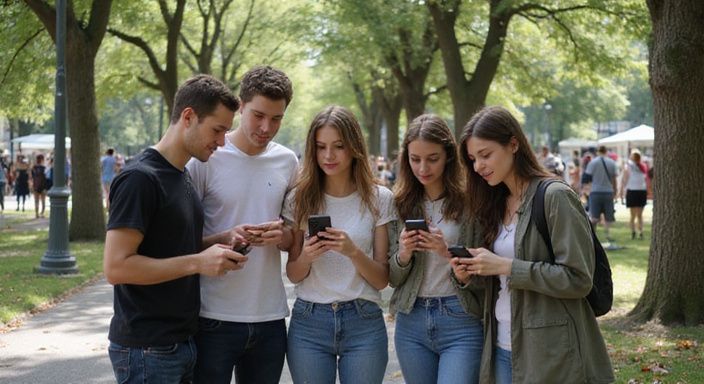 Fünf Freunde nutzen ihre Smartphones in einem belebten Stadtpark und suche sexkontakt in Basel.
