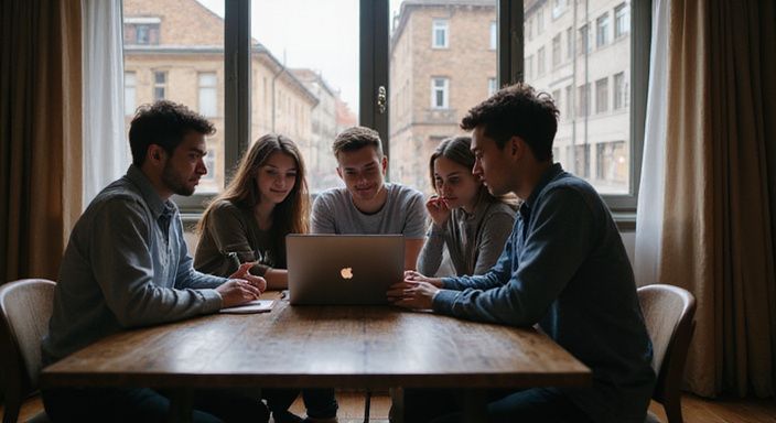 Fünf junge Erwachsene sitzen um einen Laptop in einem gemütlichen Raum.