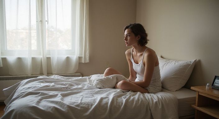 Ein Zimmer mit einem Bett, Nachttisch und nachdenklicher Person.