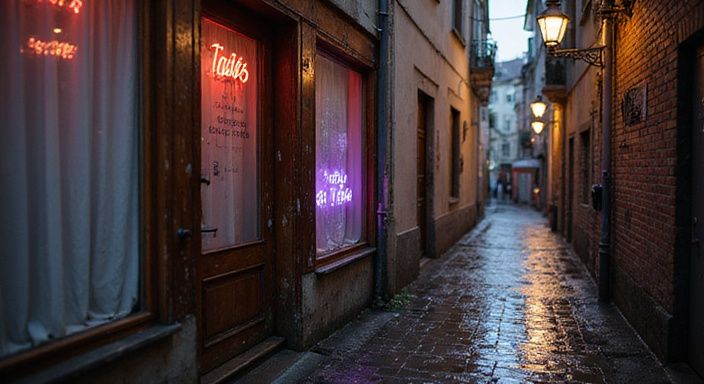 Eine schmale Gasse in Basel mit diskreten Erotikgeschäften und neonbeleuchteten Schildern.