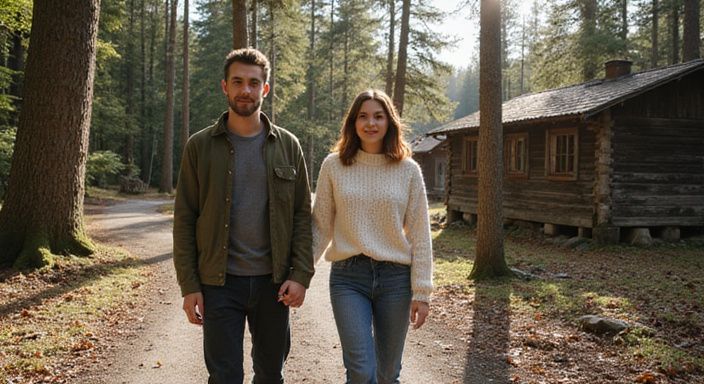 Ein Paar spaziert Hand in Hand einen schmalen Waldweg entlang.