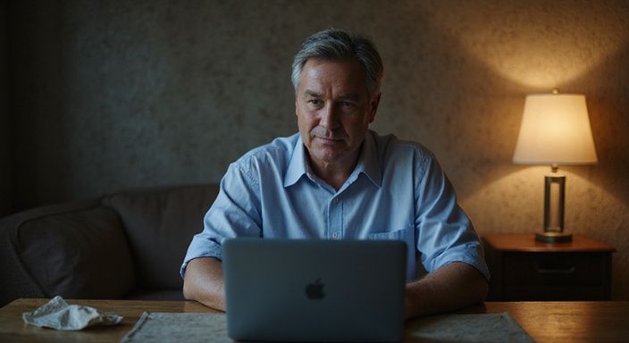 Ein nachdenklicher Mann sitzt an einem Holztisch mit einem Laptop suche sexkontakt in Basel.