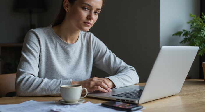 Eine Frau arbeitet konzentriert an ihrem Laptop und Smartphone am Schreibtisch.
