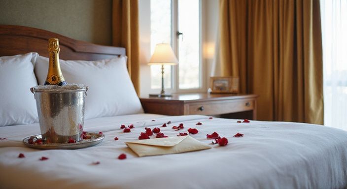 Luxuriöses Hotelzimmer mit Himmelbett, Rosenblättern und Champagner. Luxuriöses Hotelzimmer mit Himmelbett, Rosenblättern und Champagner.