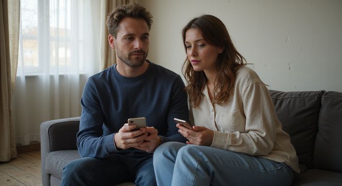 Ein Paar sitzt auf einem Sofa, konzentriert auf ihre Smartphones und wollen sexkontakt in Sankt Gallen.