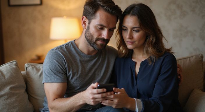 Ein Paar sitzt entspannt auf einem Sofa und nutzt ein Smartphone und wollen sexkontakt in Sankt Gallen.