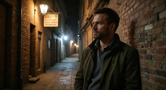 Eine schmale Gasse mit erotischen Werbeschildern und einer angespannten Atmosphäre.