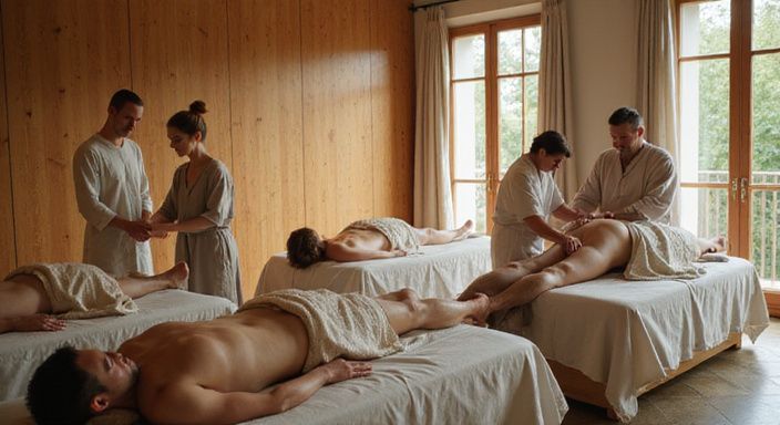 Eine entspannte Gruppe genießt Massagen in einem luxuriösen Spa.