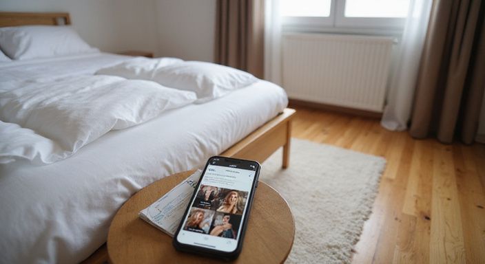 Ein elegantes Schlafzimmer mit einem Smartphone und Escort-Webseite.