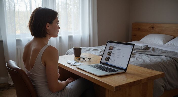 Ein entspannter Raum mit einem offenen Laptop und einem ungemachten Bett.