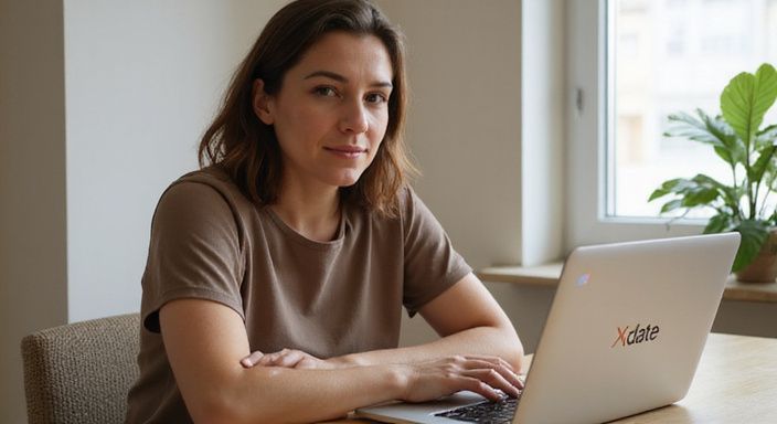 Eine Frau sitzt an einem modernen Schreibtisch mit einem Laptop und suche sexkontakt in Sankt Gallen.