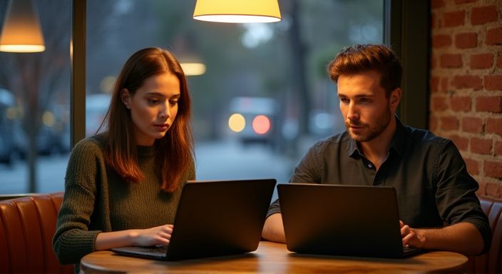 Ein Paar arbeitet konzentriert an Laptops in einem modernen Café und suche sexkontakt in der Schweiz.