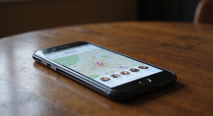 Nahaufnahme eines Smartphones mit der Website xdate.ch und Stadtkarte von Zürich.