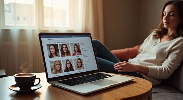 Moderne Laptop-Nutzung in einem gemütlichen Wohnzimmer mit Kaffee.